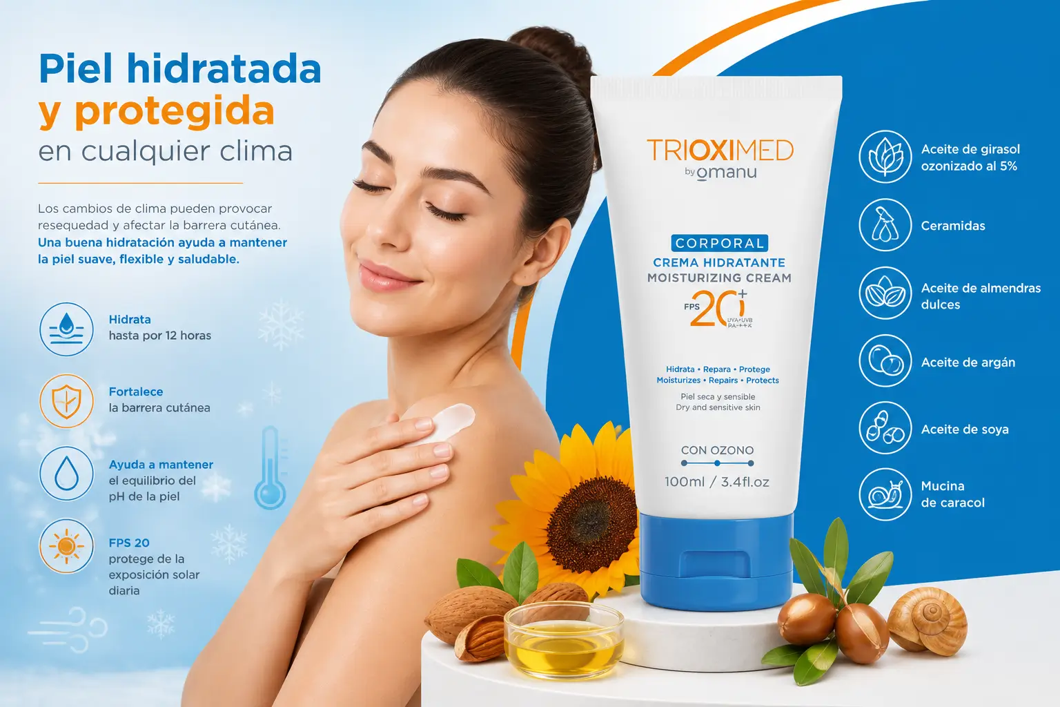 Crema Corporal Hidratante Trioximed para proteger la piel de la resequedad por cambios de clima. Ilustración de una mujer aplicando crema hidratante junto a la Crema Corporal Hidratante Trioximed con ingredientes hidratantes para prevenir la resequedad causada por los cambios de clima.